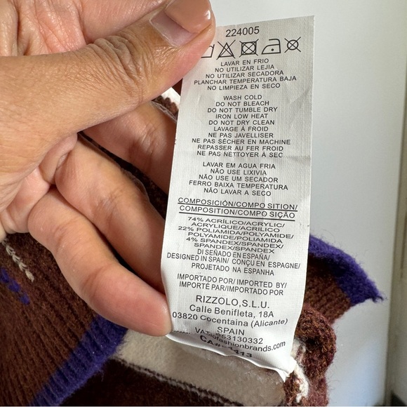 EXUS Striped Knit Sweater V-Neck Brown Cream Blue Size M Women’s Casual Pullover - Picture 8 of 13